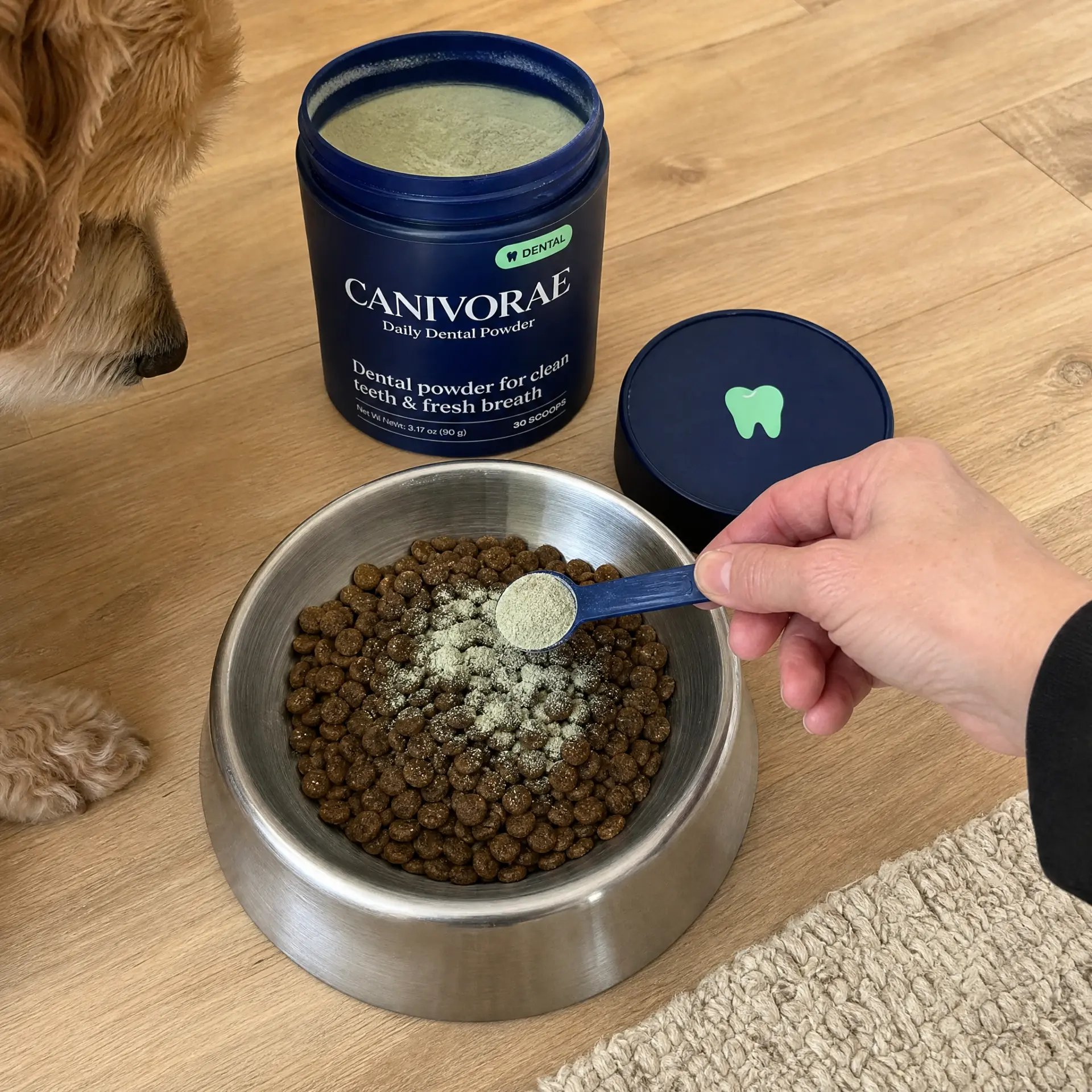 Hand sprinkling a scoop of CANIVORAE dental powder over a bowl of dog food